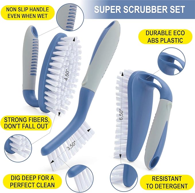 Scrub Brush Set of 6 pcs - Red or Blue Randomly Color, Cleaning Shower Scrubbers with Squeegee for Shower Glass & Adhesive Wall Hooks Including Grout Cleaner Brush for Cleaning Bathroom, Tile - Image 3