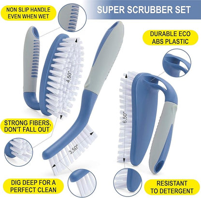 Scrub Brush Set of 6 pcs - Red or Blue Randomly Color, Cleaning Shower Scrubbers with Squeegee for Shower Glass & Adhesive Wall Hooks Including Grout Cleaner Brush for Cleaning Bathroom, Tile - Image 3