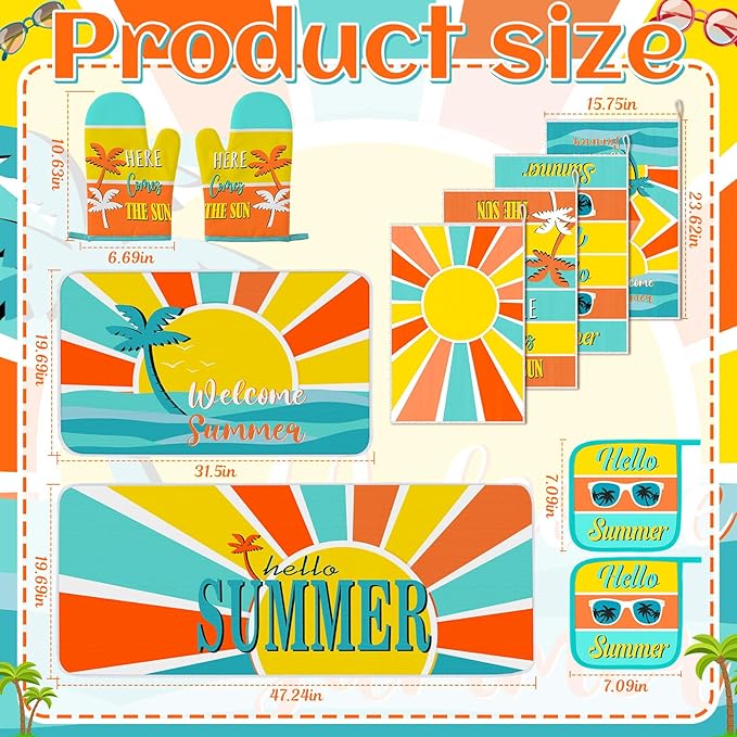 Fourluoo 10 Pcs Hello Summer Kitchen Decor and Accessories Sunshine Beach Oven Mitts and Pot Holders Set Sunglass Dish Towels Boho Kitchen Decor Palm Gloves for Baking Cooking Grilling BBQ Women Gift