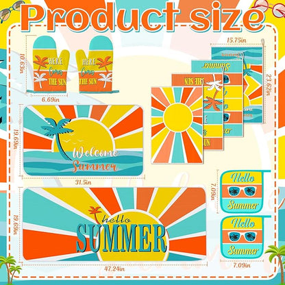 Fourluoo 10 Pcs Hello Summer Kitchen Decor and Accessories Sunshine Beach Oven Mitts and Pot Holders Set Sunglass Dish Towels Boho Kitchen Decor Palm Gloves for Baking Cooking Grilling BBQ Women Gift