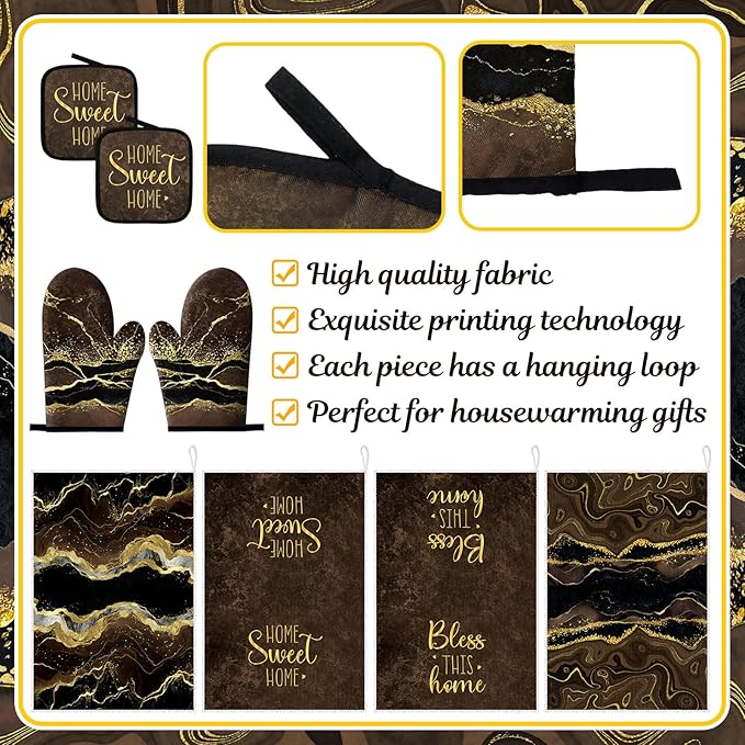 Leinuosen 8 Pcs Kitchen Towels and Dishcloths Sets Oven Mitts and Pot Holders Sets Absorbent Kitchen Gloves Potholders Heat Resistant for Chef Baking Cooking(Coffee,Marble)