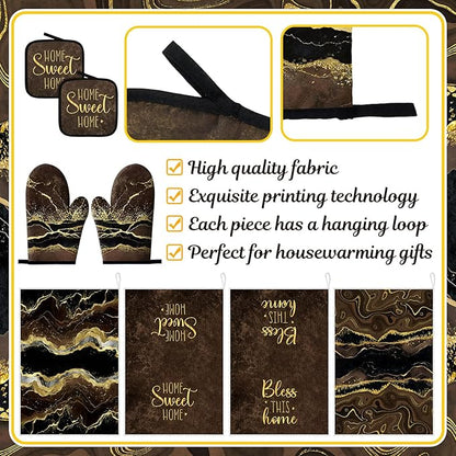 Leinuosen 8 Pcs Kitchen Towels and Dishcloths Sets Oven Mitts and Pot Holders Sets Absorbent Kitchen Gloves Potholders Heat Resistant for Chef Baking Cooking(Coffee,Marble)