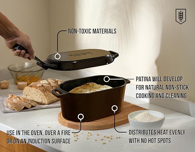 KooK Dutch Oven with Lid, Enameled Cast Iron Bread Baker, Dual Handles, 3.4 Qt, Oval, Includes Banneton Proofing Basket with Liner, Artisan Sourdough Bread Baking Set - Image 2
