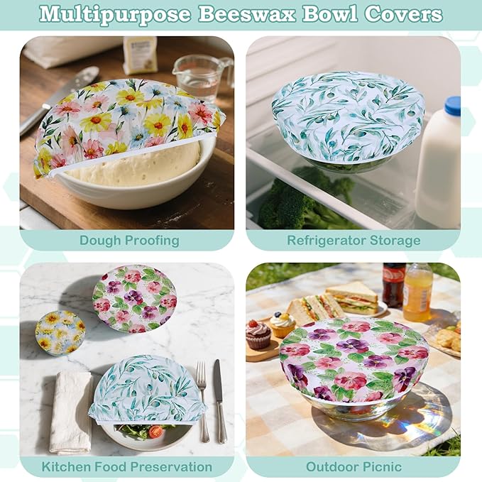5-Size Reusable Beeswax Bowl Covers for Bread Proofing, Cotton Cloth Flexible Beeswax Wraps for Food Storage(Little Daisy) - Image 5