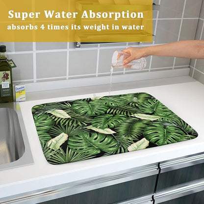 Giwawa Tropical Palm Leaf Dish Drying Mat for Kitchen Countertop, 18"x24" Summer Green Monstera Dish Drainer Mats, Hawaiian Banana Leaves Fast Dry Microfiber Large Dish Drying Pad Decoration