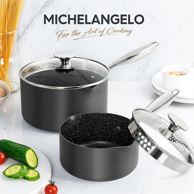 MICHELANGELO Hard Anodized Saucepan Set with Lids, Nonstick Saucepan with Pour Spouts & Strainer Lid for Easy Pour, Granite Derived Coating Sauce Pot Set - 1.5QT & 3QT Induction Sauce Pans - Image 7