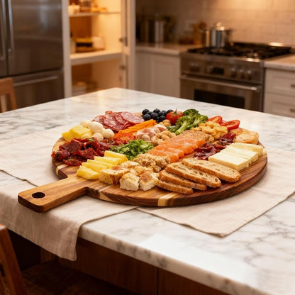 Large Acacia Wood Cutting Board with Handle 17''X13'', Charcuterie Board, Serving Board, Chopping Board for Meat, Cheese, Bread, Vegetables & Fruits (Round) - Image 2