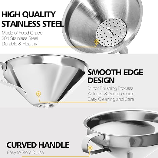 Anaeat Stainless Steel Kitchen Funnel, Multi-Use Premium Metal Food Grade Cooking Funnels with 2 Removable Strainer Filter for Transferring Liquid or Dry ingredients, Oils & 1 Pc Cleaning Brush (4.1") - Image 3