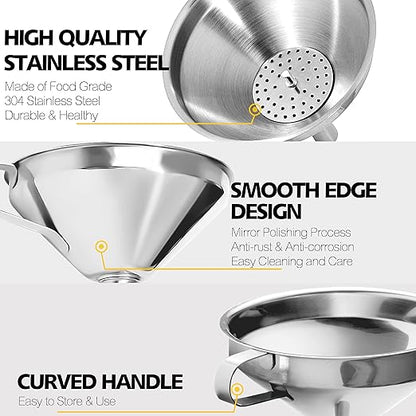 Anaeat Stainless Steel Kitchen Funnel, Multi-Use Premium Metal Food Grade Cooking Funnels with 2 Removable Strainer Filter for Transferring Liquid or Dry ingredients, Oils & 1 Pc Cleaning Brush (4.1") - Image 3
