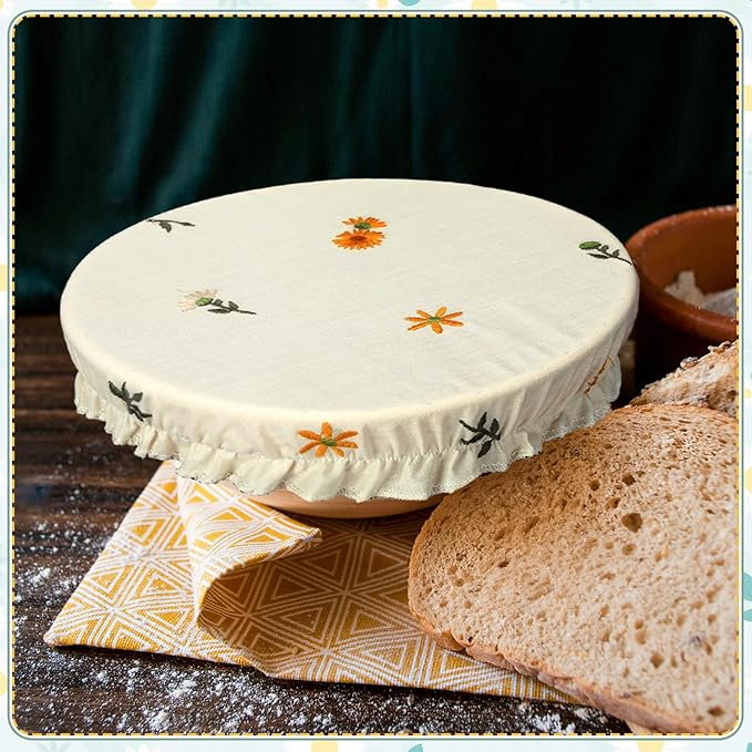 Patelai 10 Pcs Bowl Covers Reusable in 5 Size Stretch Cloth Fabric Elastic Food Storage Bowl Covers Bread Sourdough Lids for Proofing Food Fruits Leftover(Yellow, Green, White,Embroidery Daisy) - Image 5