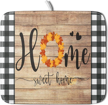 Giwawa Home Sweet Home Dish Drying Mat 16x18 Inch Fall Autumn Maple Leaf Wreath Dish Drainer Mats Rustic Brown Wood Board Microfiber Dish Drying Rack Pad for Kitchen Countertop Farmhouse Decor