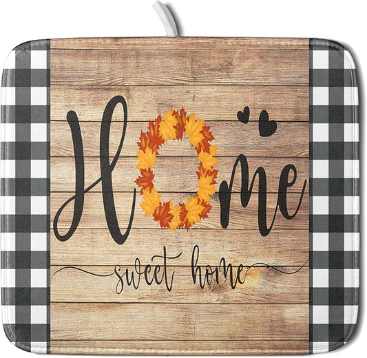 Giwawa Home Sweet Home Dish Drying Mat 16x18 Inch Fall Autumn Maple Leaf Wreath Dish Drainer Mats Rustic Brown Wood Board Microfiber Dish Drying Rack Pad for Kitchen Countertop Farmhouse Decor