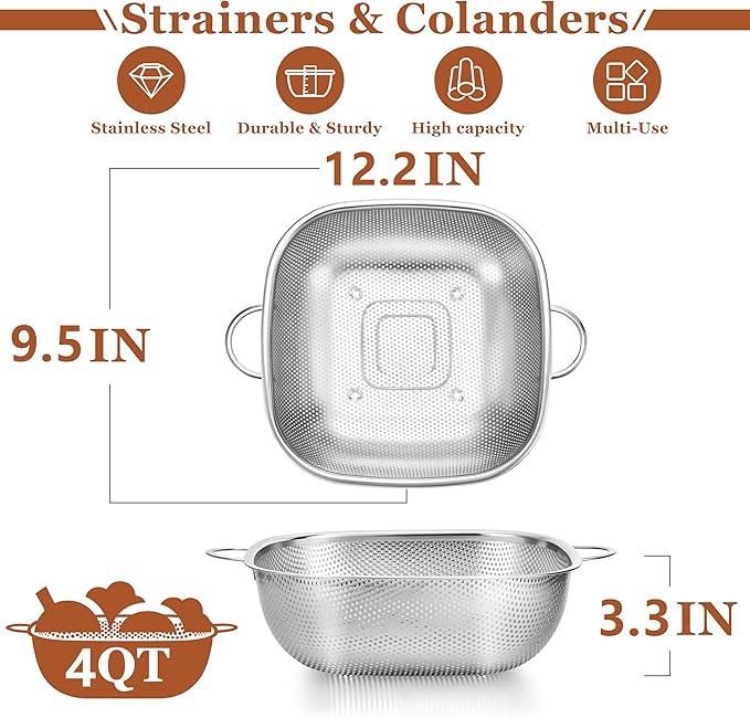 E-far 4QT Square Stainless Steel Colander - Metal Strainer with Handle for Draining Pasta & Vegetables, Micro-Perforated & Elevated Feet, Dishwasher Safe - Image 2