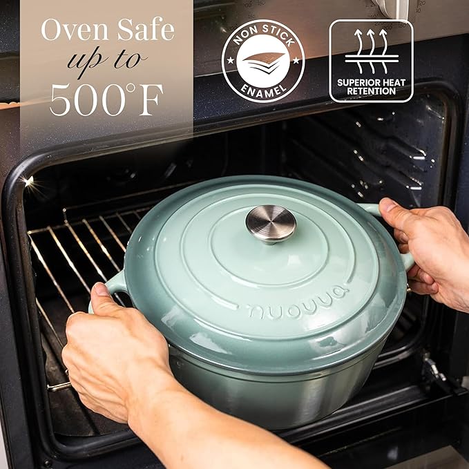 Nuovva Enamelled Cast Iron Dutch Oven Pot with Lid 6.4 Quart Non Stick Casserole Pot – Heavy Duty & Oven Safe up to 500° F for Bread Baking, Braising, Stews, Roasting – 28cm Sea Salt - Image 5