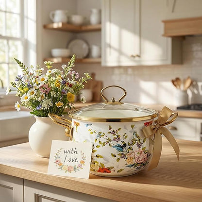 SOUJOY 2.8 Quart Enamel Stockpot with Glass Lid, Vintage Floral Soup Pot, Non-Stick Bean Stew Simmer Pot with Handle for Kitchen, Induction & Gas Stove Safe, Mother's Day, Wedding, Christmas Gift - Image 8
