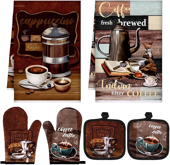 Jingmore 6 Pcs Kitchen Decor Set Accessorie Farmhouse Kitchen Towels Pot Holders Oven Mitts Set 2 Dish Towels 2 Pot Holders 2 Cooking Mittens Oven Glove for Cooking(Dark Brown,Coffee) by Jingmore