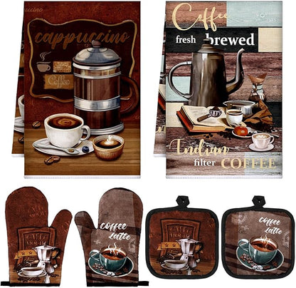 Jingmore 6 Pcs Kitchen Decor Set Accessorie Farmhouse Kitchen Towels Pot Holders Oven Mitts Set 2 Dish Towels 2 Pot Holders 2 Cooking Mittens Oven Glove for Cooking(Dark Brown,Coffee) by Jingmore