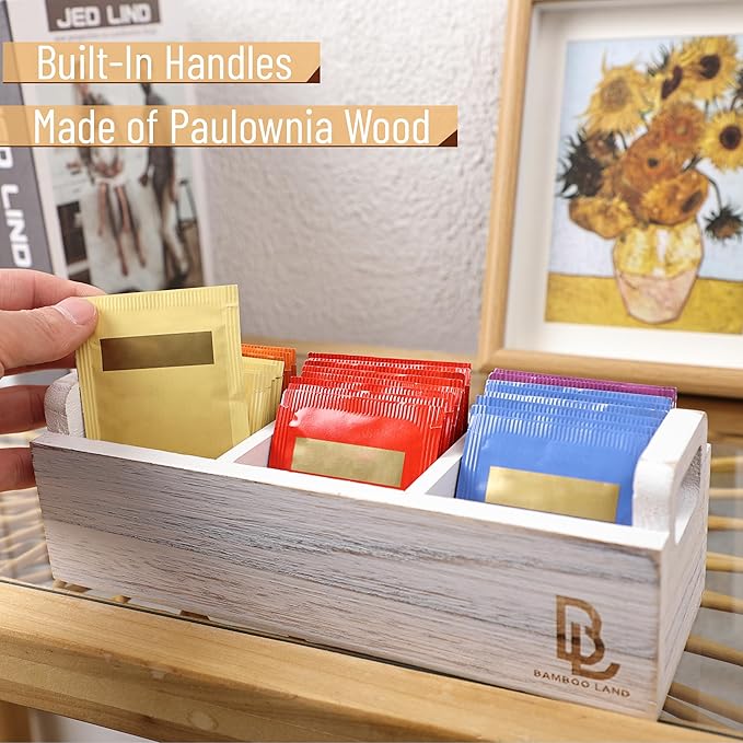 BAMBOO LAND- Wooden Tea Bag Organizer, 3 Slot Small Wooden Tea Bag Holder for Countertop, Small Storage Caddy Box for Tea Packets, Sugar Packet Holder, Kitchen Accessory for Home, Office, Coffee Bar