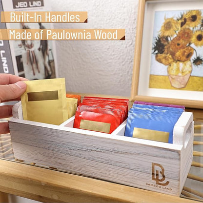 BAMBOO LAND- Wooden Tea Bag Organizer, 3 Slot Small Wooden Tea Bag Holder for Countertop, Small Storage Caddy Box for Tea Packets, Sugar Packet Holder, Kitchen Accessory for Home, Office, Coffee Bar