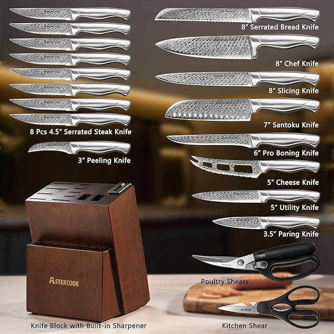 Knife Set, Astercook 21 Pieces Kitchen Knife Set with Built-in Sharpener, German Stainless Steel Knife Block Set, Razor-Sharp Knives with Full-tang Handle, Dishwasher Safe, Mothers Day Gifts - Image 3