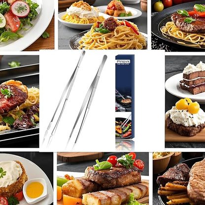 Pinovk 2 Pcs 12-Inch Kitchen Tweezers, Extra-Long Stainless Steel Cooking Tweezer Tongs for Plating, Roasting, Serving Food, Silver