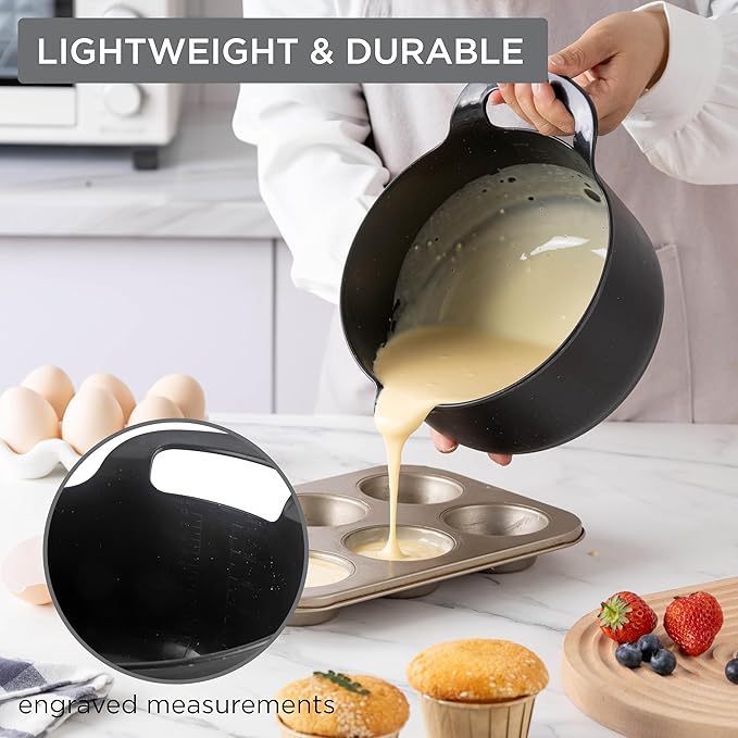COOK WITH COLOR Nesting Plastic Mixing Bowl Set with Pour Spouts and Handles, Black Speckled, 4 Piece Non-Slip - Image 3