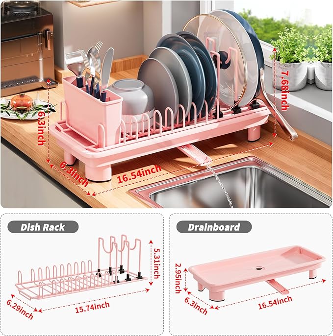 SanDream Small Dish Drying Rack with Removable Utensil Holder & Anti-Scratch Base - Stainless Steel Dish Rack, Dish Drying Rack with Drainage & Space Saving Design for Kitchen Counter, Pink - Image 3