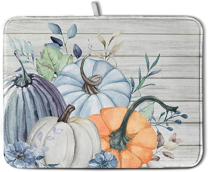 Fall Blue Orange Grey Pumpkin Kitchen Dish Drying Mat for Kitchen Counter 18x24 Inch Autumn Teal Flowers Drying Mat Thanksgiving Harvest Dish Drainer Mat Super Absorbent Dish Rack Pad for Coffee Bar by Kwlegh