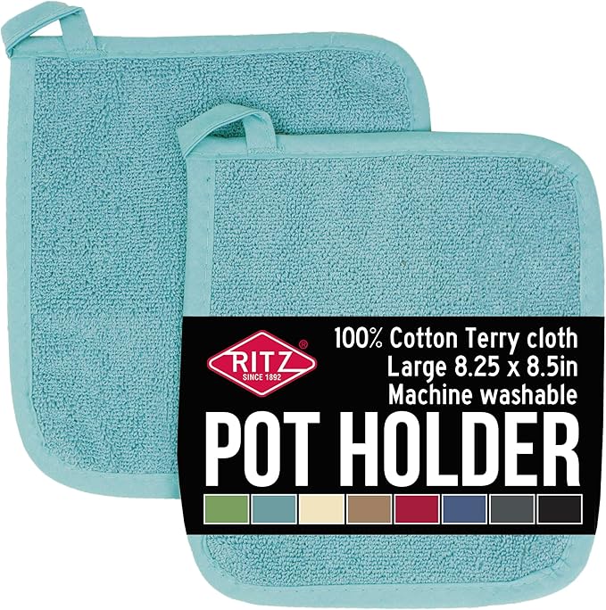 RITZ Terry Potholder & Hot Pad: Unparalleled Heat Resistant, Durable 100% Cotton – Ergonomically Designed for Optimal Grip – Easy-Care Machine Washable – 2-Pack, Dew by Ritz+Foodservice