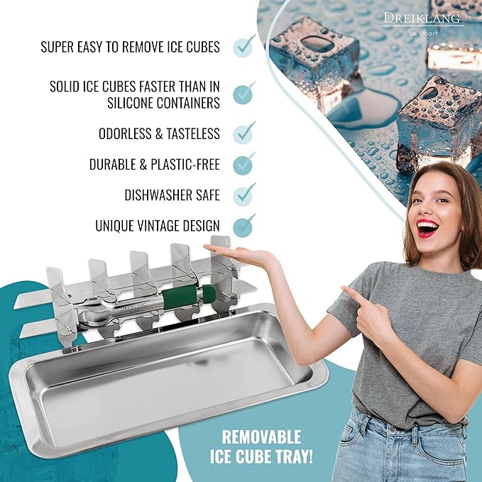 Stainless Steel Polished Ice Cube Tray for freezer with Lever Insert for Easy Release with cold-insulated comfort grip | Food-Safe & Durable Ice Cube Maker | Plastic-Free Large