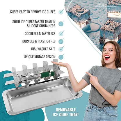 Stainless Steel Polished Ice Cube Tray for freezer with Lever Insert for Easy Release with cold-insulated comfort grip | Food-Safe & Durable Ice Cube Maker | Plastic-Free Large