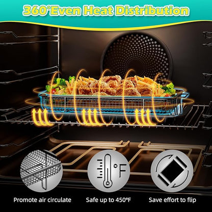 Air Fryer Basket for Oven, OPENICE 15.3" x 11.0" Air Fryer Tray and Pan Set with 30PCS Parchment Papers, Stainless Steel Oven Air Fryer Basket and Tray for Baking Grilling - Black