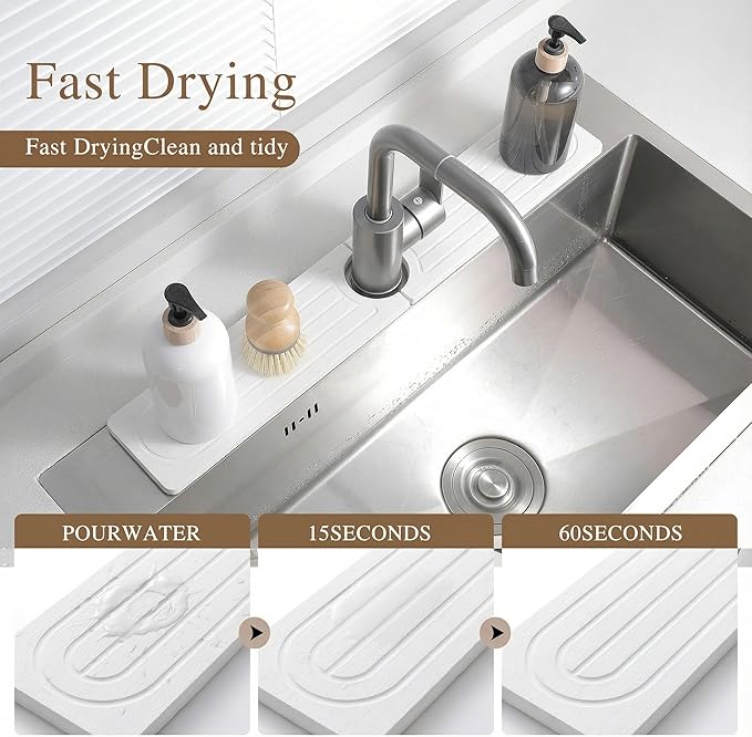 Faucet Mat for Kitchen Sink -Diatomite Stone Drying Mat for Kitchen Counter & Bathroom Sink,Quick-Dry Kitchen Sink Mat-Sink Protector & Splash Guard,Super Absorbent (White, 23.6" x 4") - Image 2