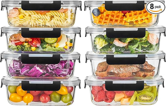 Liuruiyu 8 Pack 36OZ Glass Food Storage Containers with Lids, Meal Prep Containers, Airtight Bento Boxes with Leak Proof Locking for Microwave, Oven, Freezer and Dishwasher, BPA Free by Liuruiyu