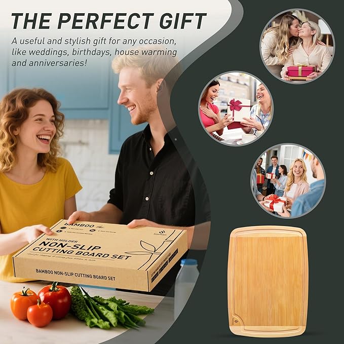 Bamboo Cutting Board Set Non Slip Feet with Holder Over Sink Men Birthday Christmas Valentines Father Day Gifts Ideal from Wife Romantic Anniversary Best Cool Gadget Awesome Who Have Everything - Image 6