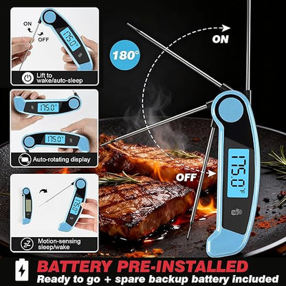 Meat Thermometer Digital Waterproof Instant Read Thermometer for Cooking ℃/℉ Convertible, Food Thermometer with Backlight, Cooking Thermometer for Kitchen Auto-Rotating Display Blue
