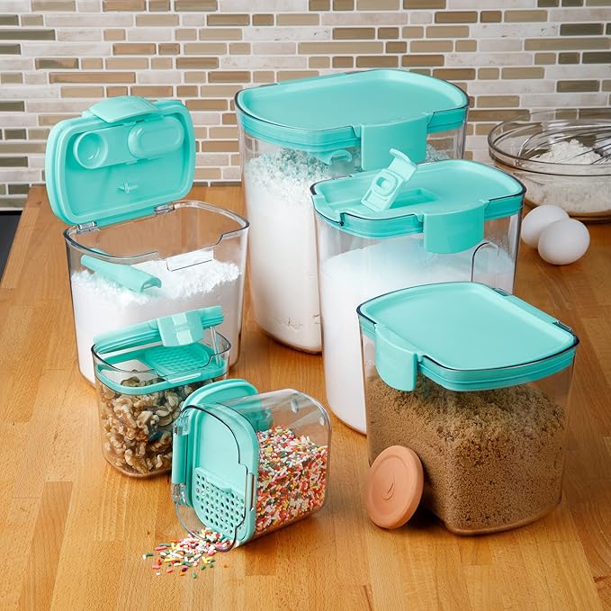 Progressive ProKeeper Baker's Airtight Kitchen Storage Canister Container Set for Flour, Sugar & More, Keeps Ingredients Fresh, with Accessories (Turquoise, 6- Piece) - Image 2