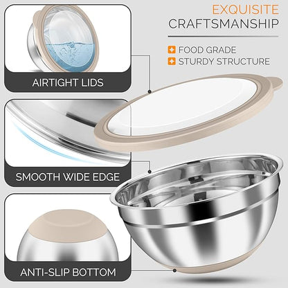 HaWare Mixing Bowls, 24-Piece Stainless Steel Salad Serving Bowl with Airtight Clear Lids, Metal Nesting Bowl For Kitchen Cooking Prepping Storing with 3 Graters, 4.6/2.6/1.5/1/0.7 QT, Khaki