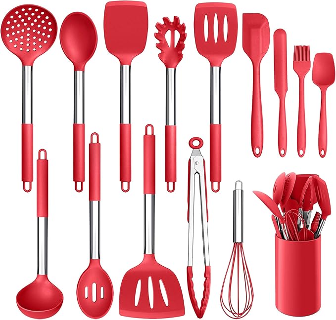 LIANYU 15-Piece Cooking Kitchen Utensils Set with Holder, Silicone Kitchen Tools Stainless Steel Handle, Slotted Spatula Spoon Turner Tong Whisk Brush for Cooking, Red by LIANYU
