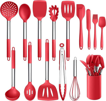 LIANYU 15-Piece Cooking Kitchen Utensils Set with Holder, Silicone Kitchen Tools Stainless Steel Handle, Slotted Spatula Spoon Turner Tong Whisk Brush for Cooking, Red by LIANYU