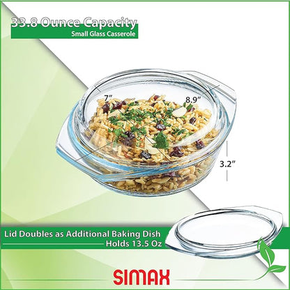 SIMAX Casserole Dish with Lid, 1 Quart Round Glass Casserole, Baking Dish, Oven, Microwave, Dishwasher Safe, Yellow, Borosilicate Glass, 946.35 cm