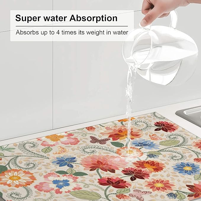 Mandala Flowers Dish Drying Mat 18x24 Inch, Microfiber Absorbent Fast Dry Mat Colorful Floral Large Dish Mat Drying Kitchen Mat, Kitchen Drying Pad for Kitchen Counter Coffee Bar Decor Gifts