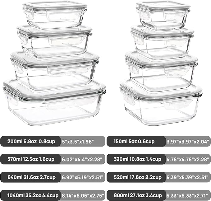 Vtopmart 8 Pack Glass Food Storage Containers with Airtight Lids, Glass Meal Prep Containers, Lunch Office Meal for Microwave, Oven, Freezer and Dishwasher, BPA Free - Image 2