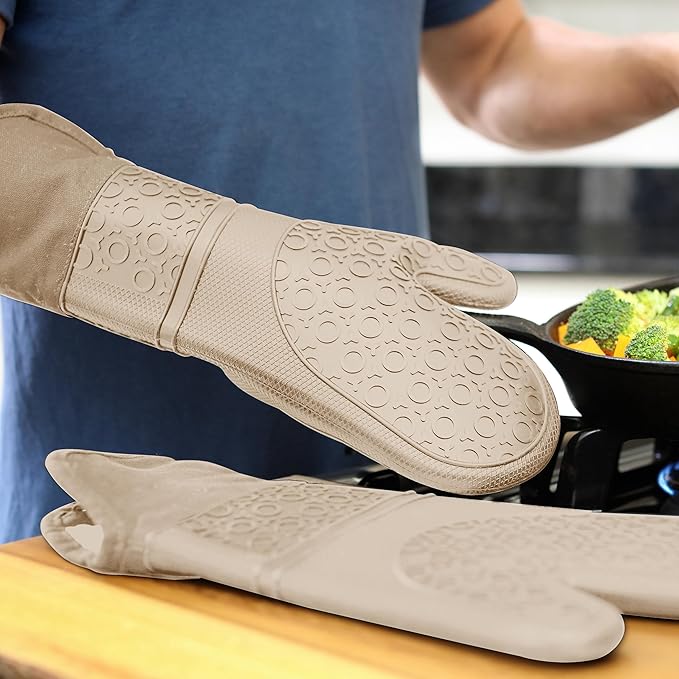 BPA-Free Silicone Oven Mitts Ultra Heat Resistant up to 500°F - Oven Mitts with Thick Cotton Liner - Long Slip Resistant Pot Holders, Flexible Oven Gloves - Beige 14.7 - Image 9