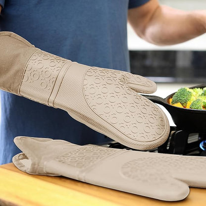 BPA-Free Silicone Oven Mitts Ultra Heat Resistant up to 500°F - Oven Mitts with Thick Cotton Liner - Long Slip Resistant Pot Holders, Flexible Oven Gloves - Beige 14.7 - Image 9