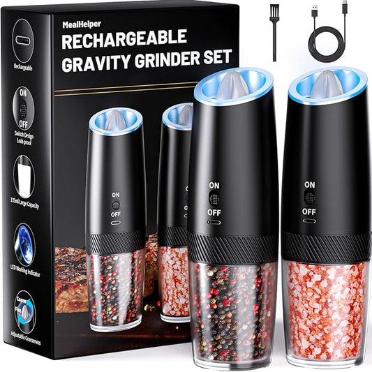 MealHelper Rechargeable Gravity Electric Salt and Pepper Grinder Set with LED Light, Type-C Fast Charging, Adjustable Coarseness, Large Capacity Grinder for Kitchen, Restaurant & Outdoor, (2 Pack)