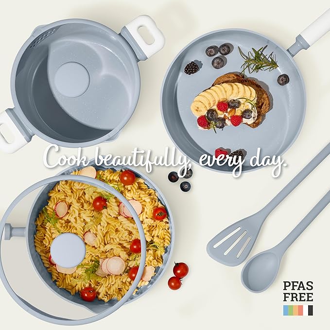 CAROTE Pots and Pans Set Nonstick, Ceramic Cookware Set, Blue Cooking Set Kitchen Induction Set with Steamer, PFAS PTFE Free,9 Piece - Image 7