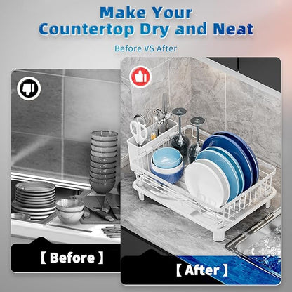 Dish Drying Rack, Stainless Steel-Dish Rack, Dish Racks for Kitchen Counter, Kitchen Dish Drainers with Removable Utensil Holder,New drain outlet,Plate Rack and Drainboard,(White-11" W x 15" L) - Image 3