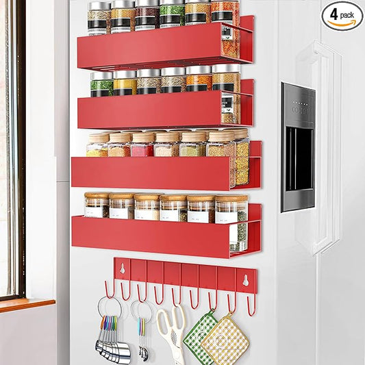 SMRCAD Magnetic Spice Rack Organizer for Fridge Seasoning Organizer for Kitchen storage with Screw Magnetic Shelf with Hook for Refrigerator and Oven (4pack1hook-Red) by SMRCAD