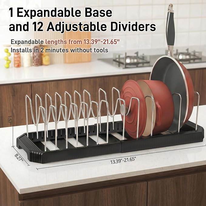 Pots and Pans Organizer for under Cabinet, Pan Pot Organizers inside Cabinet, Expandable Organizer with 12 Adjustable Dividers for Cookie Sheets, Cutting Boards, Pot Lids, Cookware - Pan Rack, Black - Image 3